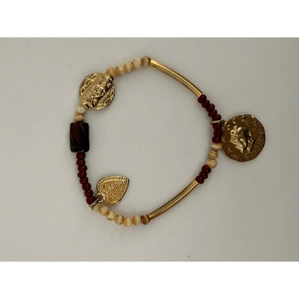 Gold Tone Beaded Charm Stretch Bracelet & Amber Crystal Bangle Set Boho Coin